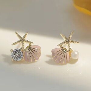 Pink Starfish & Shell Stud Women's Fashion Beach Themed Earrings set